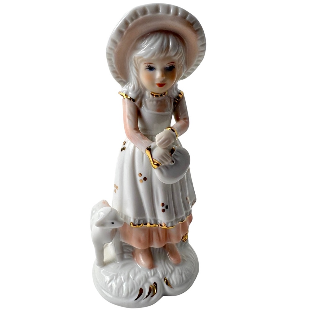 Vintage Peach Elegance Giftcraft Made in Korea Girl with Lamb